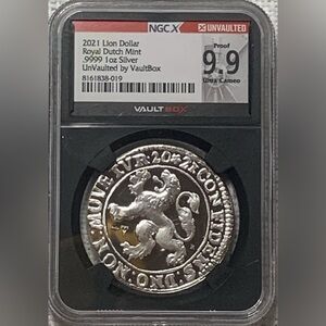 2021 NGC X 9.9 Ultra Cameo 1 oz. Silver Lion Dollar. “VaultBox”